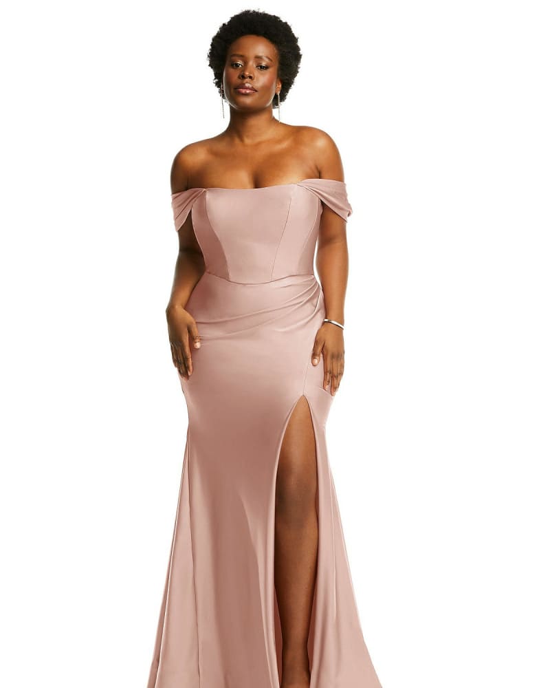 Front of a model wearing a size XXL Off-the-Shoulder Corset Stretch Satin Mermaid Dress with Slight Train in Toasted Sugar by Cynthia & Sahar. | dia_product_style_image_id:267073